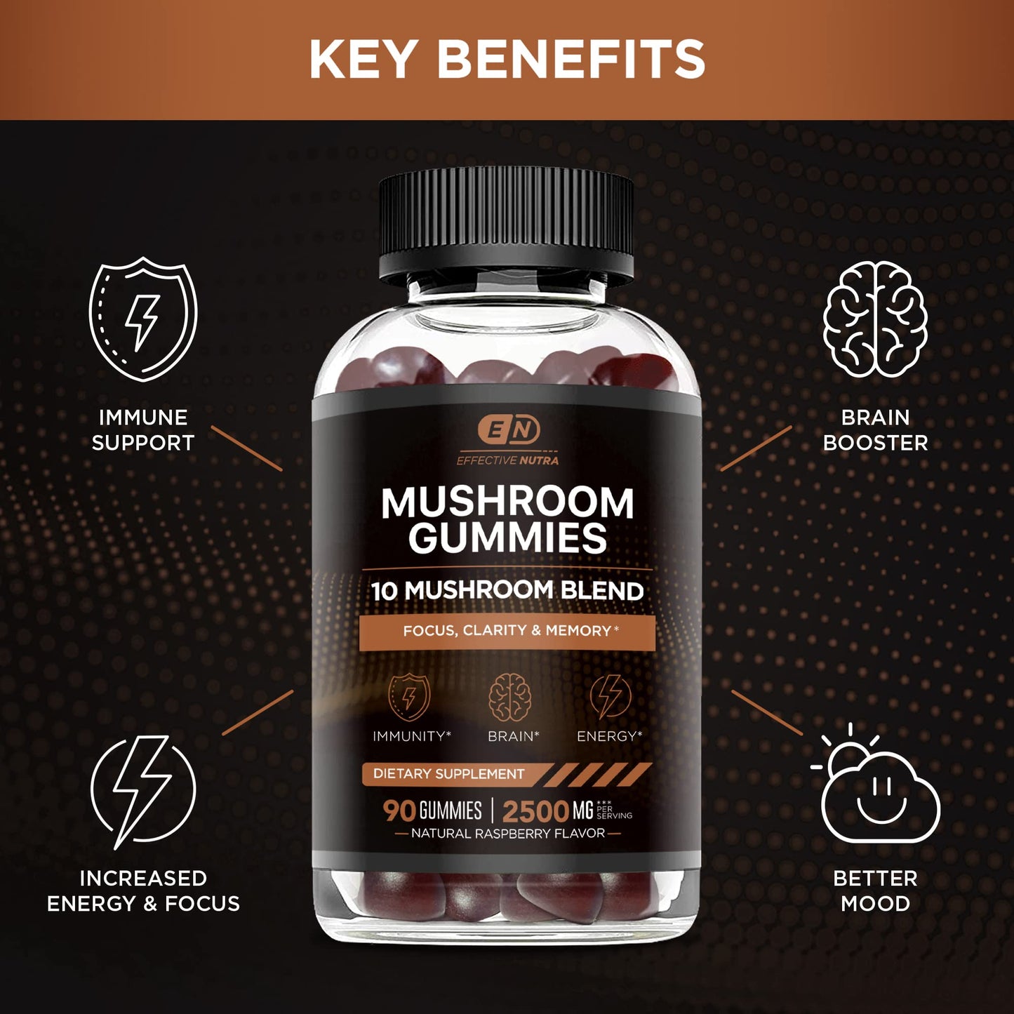 EFFECTIVE NUTRA Mushroom Gummies 2500mg | 10 Blend w/Lions Mane, Reishi, Chaga, Cordyceps & More | Focus, Memory, Immunity, Energy | Natural Berry Flavor Supplement | Vegan, Made in USA (90ct)