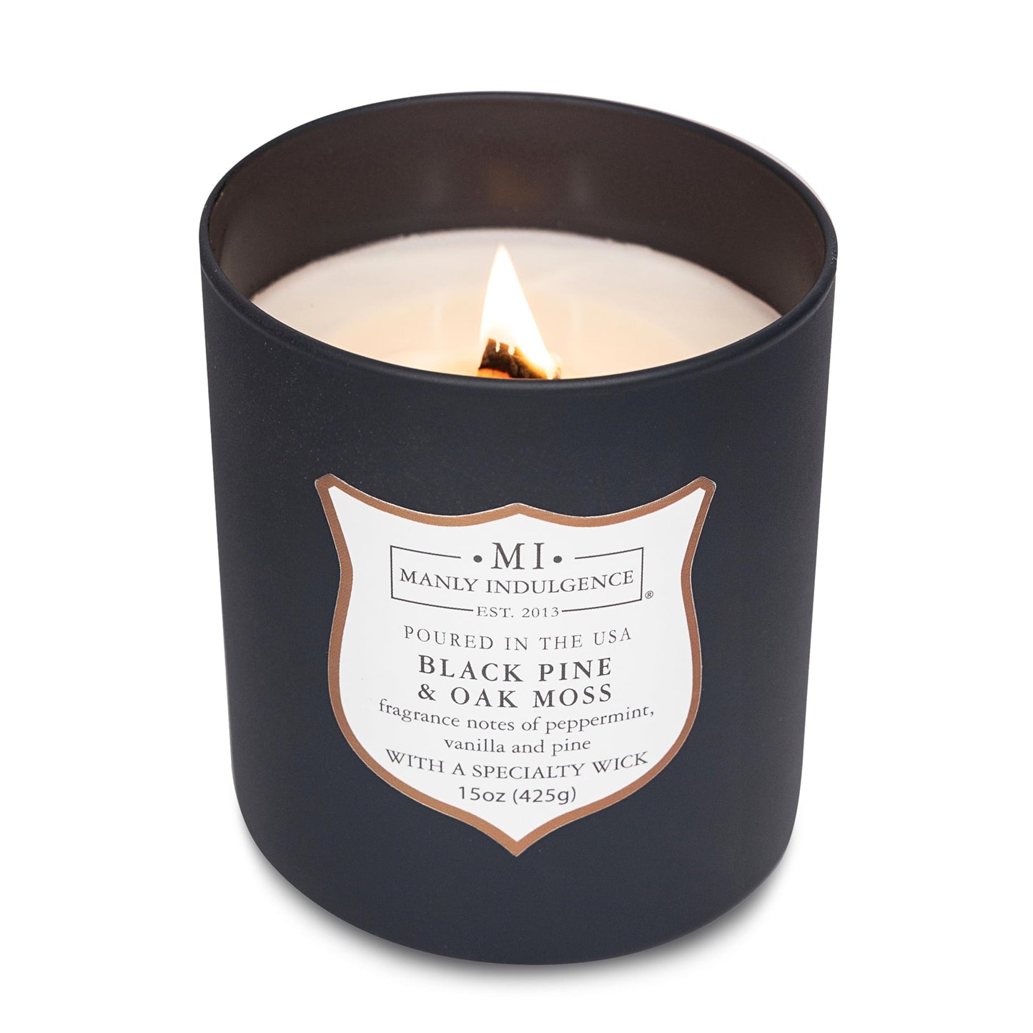 Manly Indulgence Black Pine Oakmoss Scented Candles for Men, 15 oz Wooden Wick, Fathers Day Candle, 60H Burn, Candles for Home Scented - Made in The USA