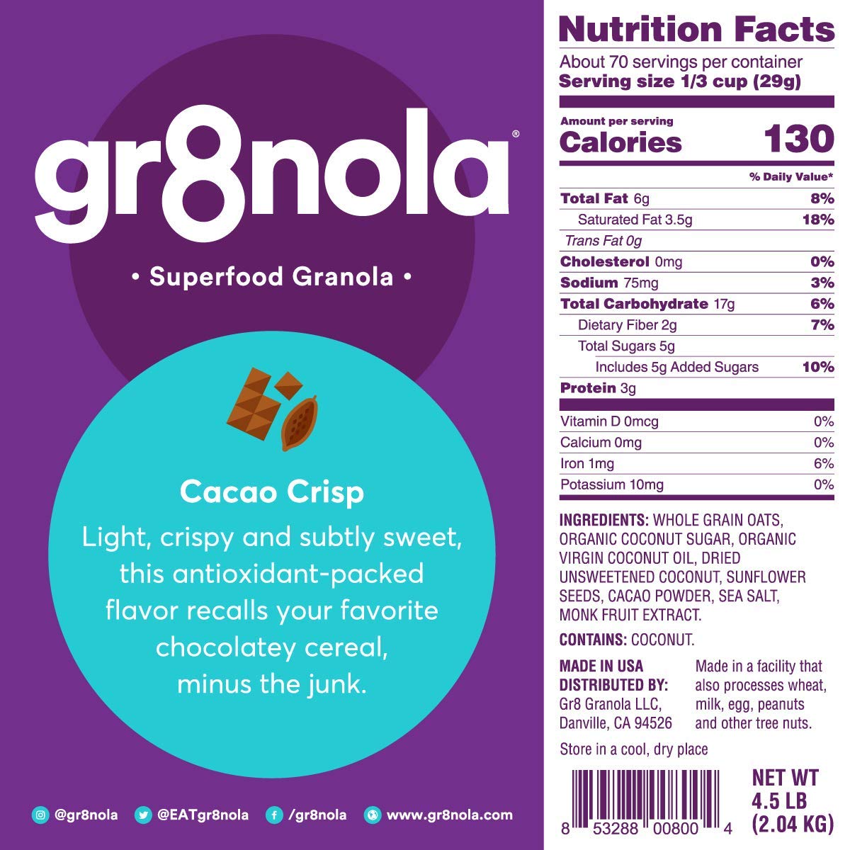 gr8nola CACAO CRISP - Healthy, Low Sugar, Vegan Bulk Granola Cereal - Made with Superfoods Cacao, Coconut, and Sunflower Seeds, Soy Free, Dairy Free and No Refined Sugar - 4.5lb Resealable Bag