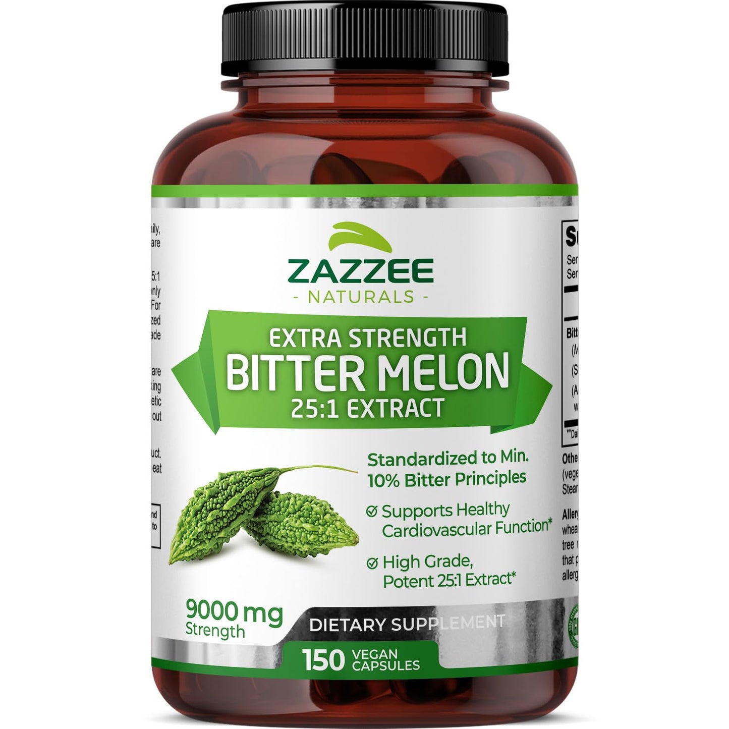 Zazzee Extra Strength Bitter Melon 25:1 Extract, 9000 mg Strength, 10% Bitter Principles, 150 Vegan Capsules, Standardized and Concentrated 25X Extract, 100% Vegetarian, All-Natural and Non-GMO