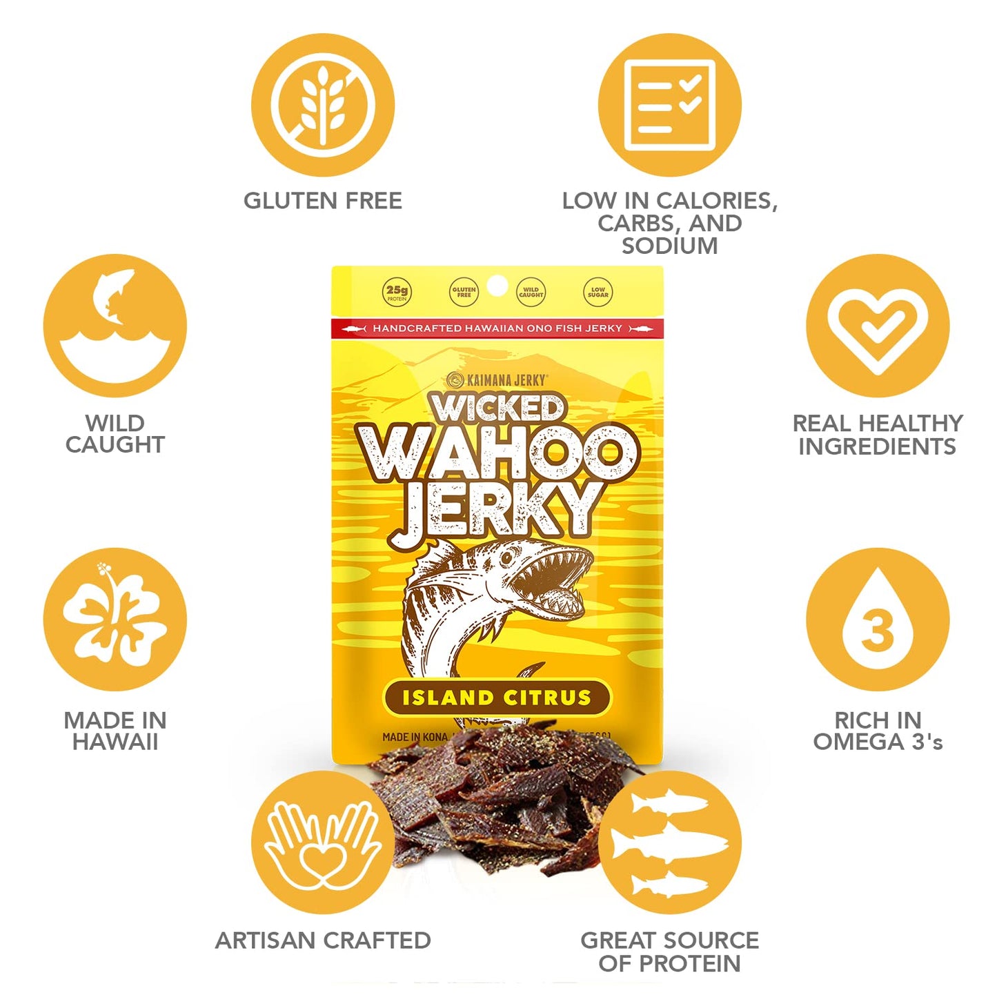 Island Citrus Wahoo Ono Fish Jerky - Zesty Umami Flavor - Artisan Crafted - Gourmet Dried Fish Strips Rich in Omega-3 & Protein - Low-Calorie Seafood Snack with Low Sodium & Sugar - 2 Ounce (3 Pack)
