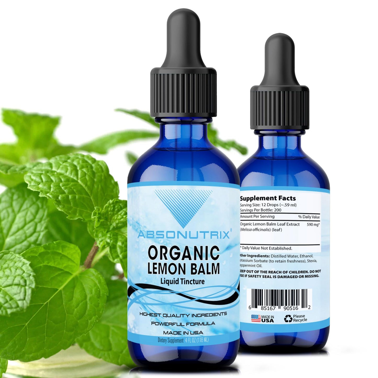 Absonutrix Organic Lemon Balm, 590 mg 200 Servings, Easy Absorption, Third Party Tested, Highly Potent, Made in The USA, Non-GMO, Gluten-Free