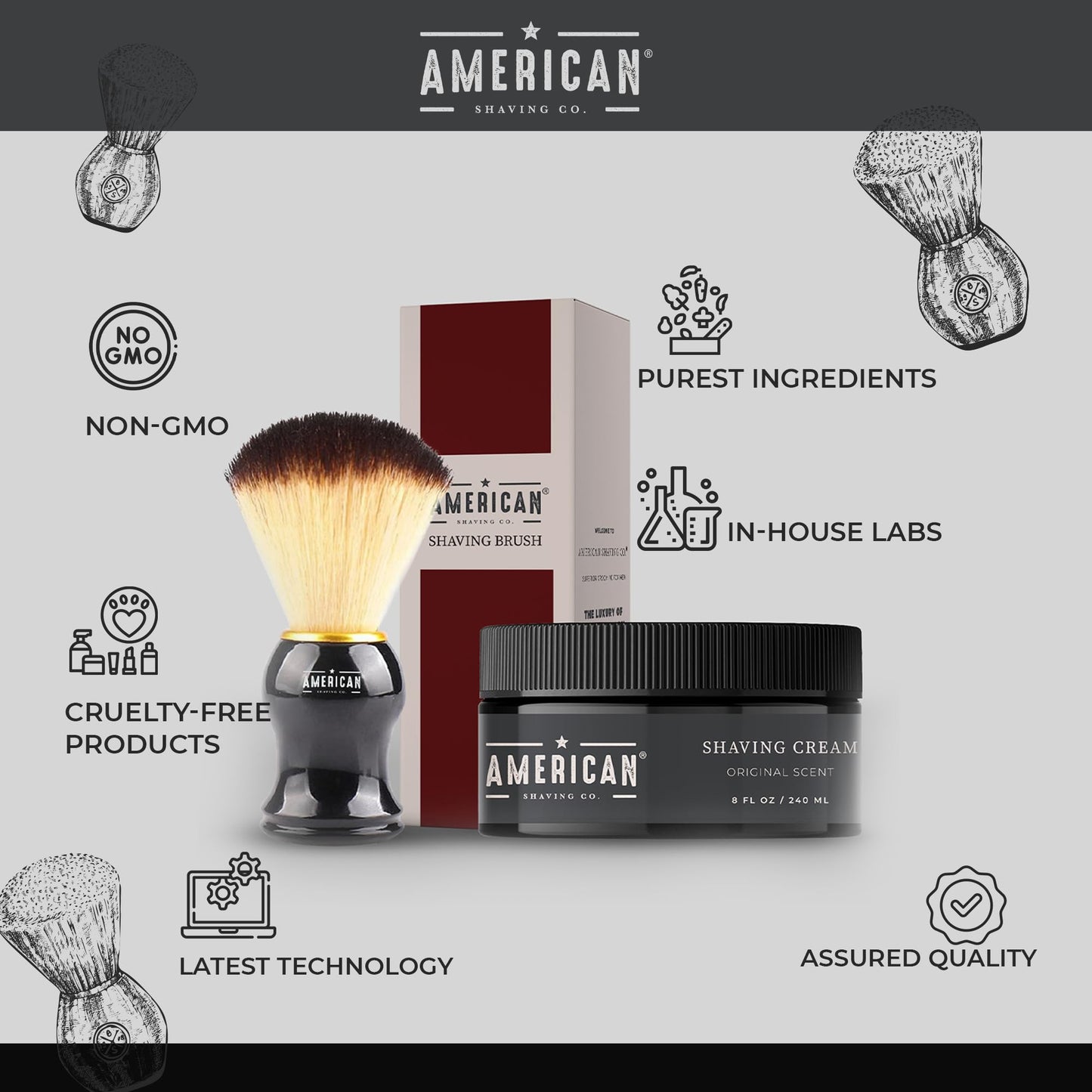American Shaving Co. Original Scent Shaving Cream For Men With Shaving Brush 8 oz, Made in USA, Easy Application, Quality Potent Ingredients, Non-GMO, GMP Certified, Cruelty-Free Products
