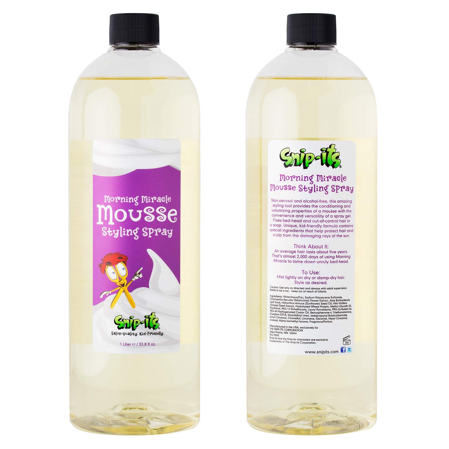 Snip-its Morning Miracle Natural Hair Mousse Spray 1 Liter Refill Bottle | Light Hold Salon-Quality Mousse for Kids' Unruly or Curly Hair - Made in USA