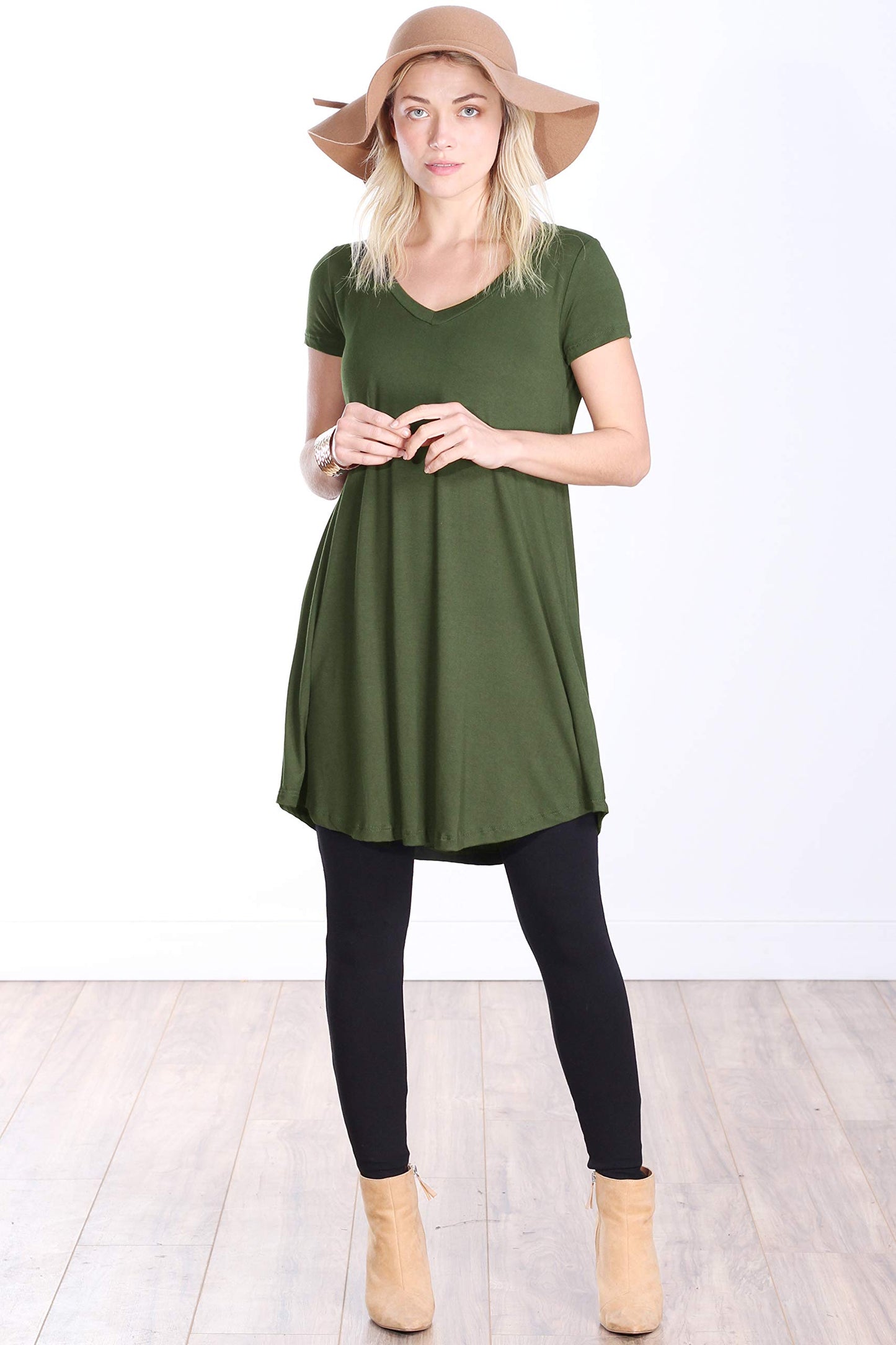 Popana Womens Short Sleeve Summer Tunic Tops to Wear with Leggings Loose Fit Made in USA Olive