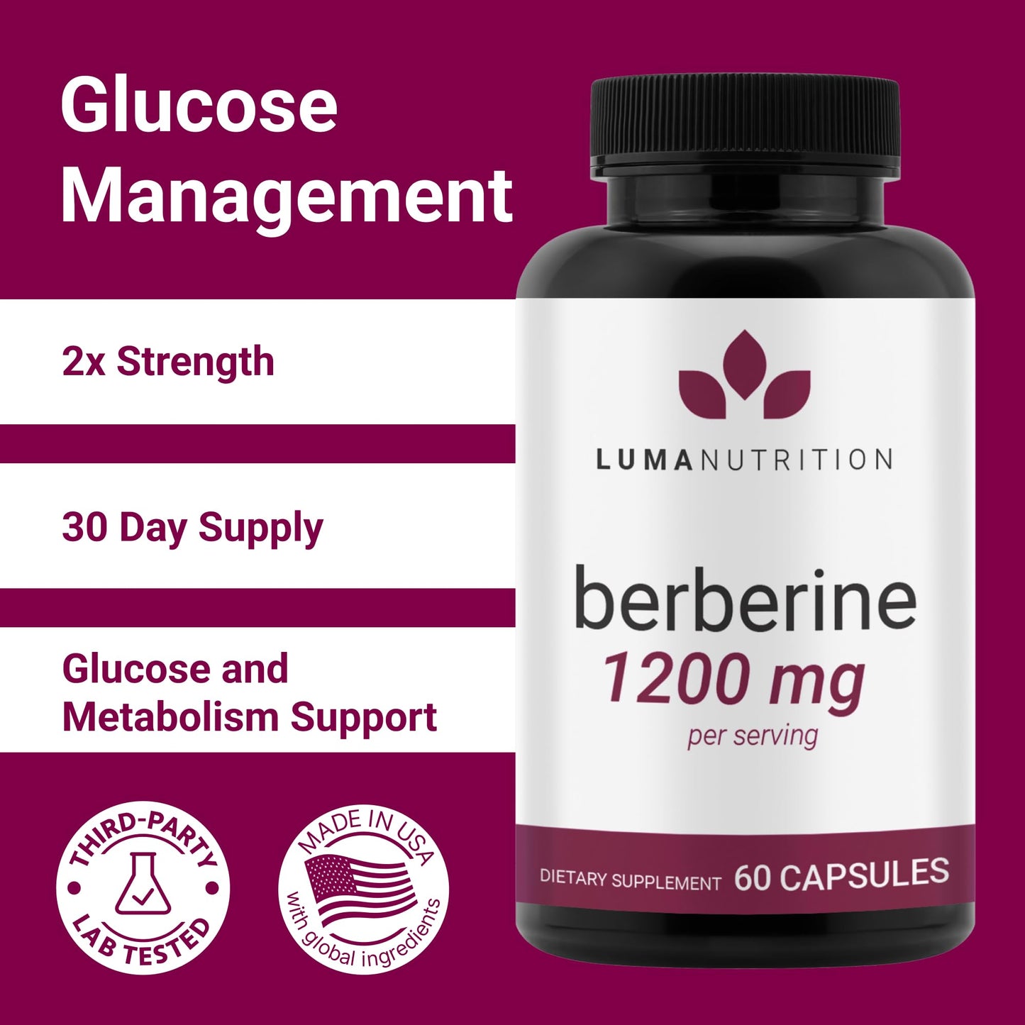 Luma Nutrition Berberine Supplement - Berberine HCL 1200mg Per Serving - Vegan, Gluten Free, Non-GMO - 60 Capsules