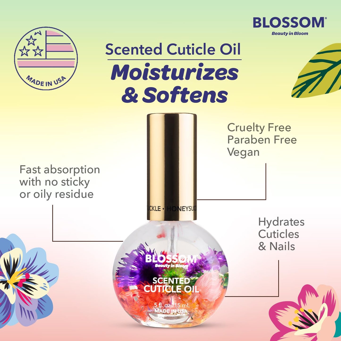 Blossom Cuticle Oil for Nails, Hydrating, Moisturizing, Scented Nail Oil Cuticle Care, Infused with Real Flowers, Made in USA, 0.5 fl. oz, Honeysuckle