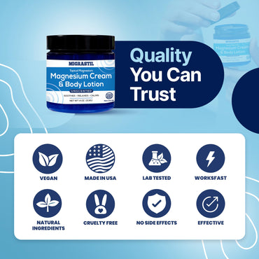 MIGRASTIL Topical Magnesium Cream & Body Lotion 4oz. - Promotes Sleep and Soothing Relief for Sore Muscles, Leg Cramps, Etc. Made in The USA.