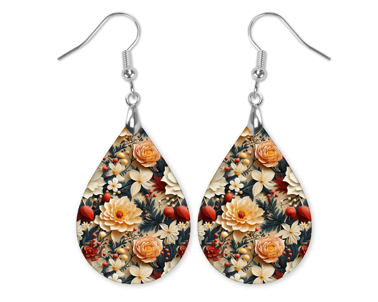 Fall Earrings for Women Autumn Lightweight Teardrop Dangle Fun Colorful Statement Jewelry Handmade by the Painted Pug (Fall Floral Dahlia)