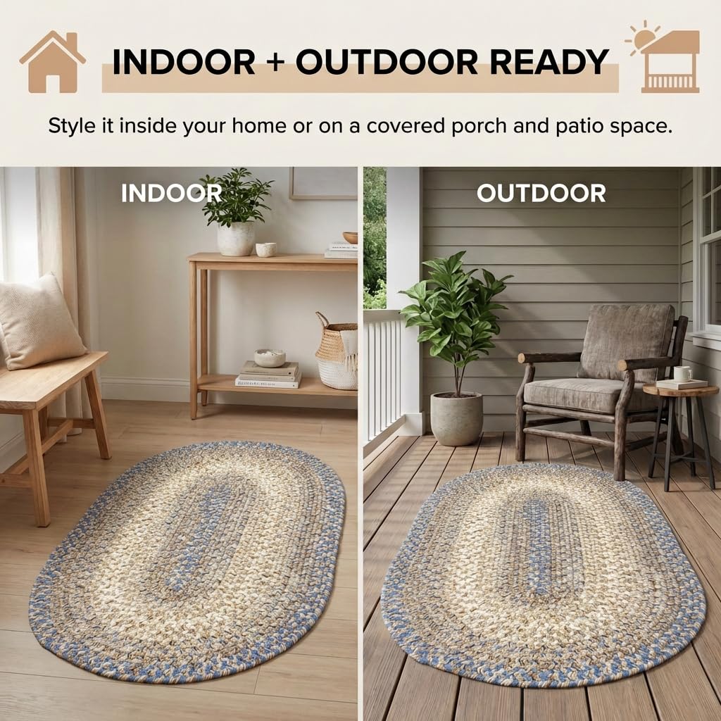 Super Area Rugs Blue and Beige Braided Rugs 2X3 Farmhouse Kitchen Rug - Ridgewood Braided Rug for Entryway/Mudroom - Reversible - Woven Indoor/Outdoor Rug - Made in USA - 2' X 3' Oval