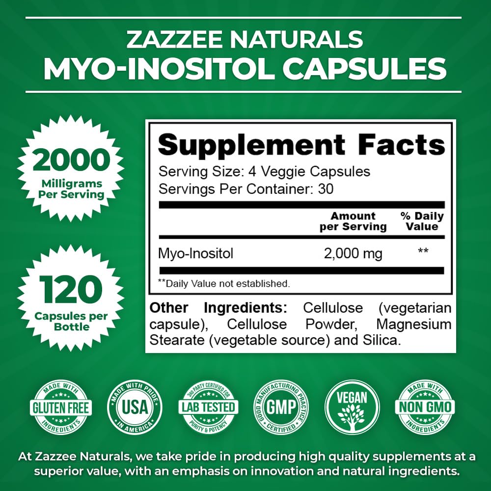 Zazzee Myo-Inositol Capsules, 2000 mg per Serving, 120 Vegan Capsules, Ideal Dosage for 40:1 Ratio, 100% Vegetarian, Hormone Balance & Healthy Ovarian Function Support, All-Natural and Non-GMO