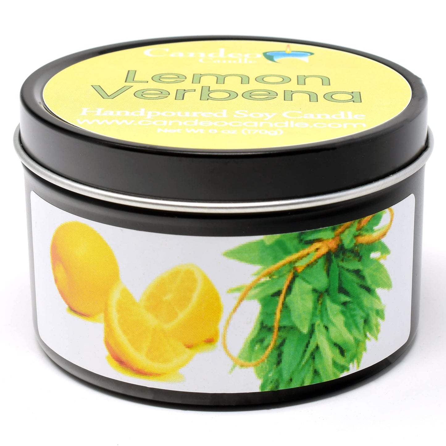 Lemon Verbena - Container Candle, 6 oz - Made with Beeswax, Coconut and Soy - Black Tin Candle - Handmade in The USA - Candeo Candle