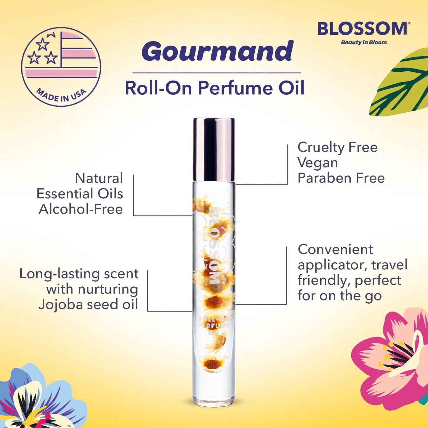 Blossom Roll on Perfume for Women Alcohol Free Gourmand Rollerball Perfume Oil with Essential Oils, Infused with Real Flowers, Made in USA, 0.20oz, (Vanilla, Caramel, Nutmeg) Almond Biscotti