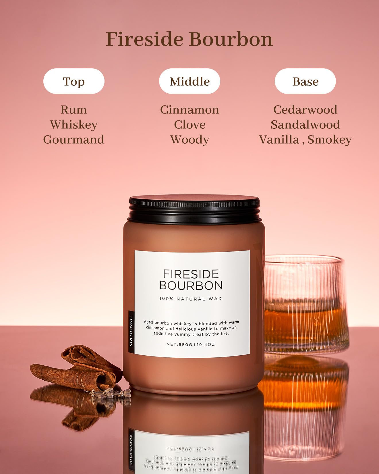 M&SENSE Fireside Bourbon Candles Strong Scented, 2 Wick Jar Candle 19.4oz 110 Hour Long Lasting, Organic Natural Soy Wax Candle for Bedroom Kitchen Home Decor, Warm Housewarming Gifts for Men Women