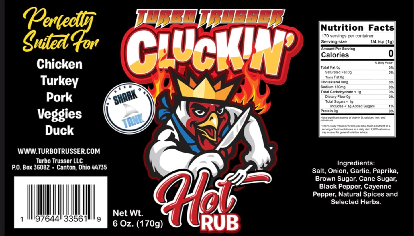 Turbo Trusser | Cluckin' Hot Rub | For Chicken, Turkey, Duck, Pork & Veggies | Perfect Blend of Smooth Heat & Flavor | Made in the USA | 6 Oz