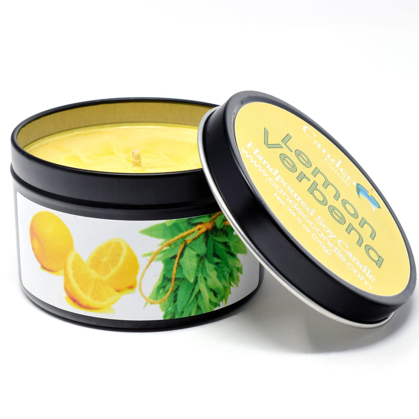 Lemon Verbena - Container Candle, 6 oz - Made with Beeswax, Coconut and Soy - Black Tin Candle - Handmade in The USA - Candeo Candle