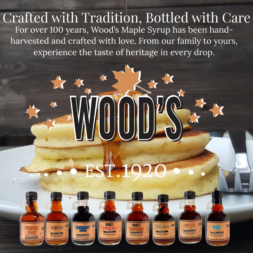 WOOD'S Vanilla Beaned Maple Syrup – Infused Vermont Maple Syrup with Real Vanilla Bean Pod | Smooth, Rich, All-Natural & Vegan Sweetener | Perfect for Breakfast, Baking, Seafood, Popcorn & More | 8.45 Fl Oz (250mL)