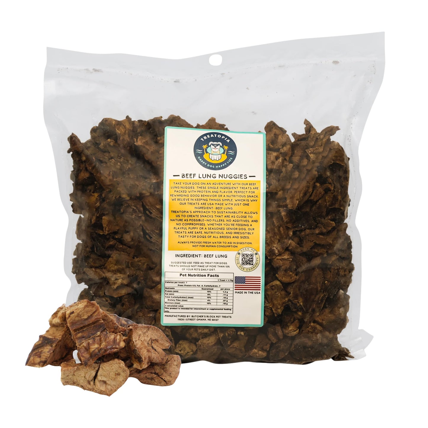 TREATOPIA Beef Lung Nuggies Dog Treats - All-Natural, Sustainable, Healthy, High Protein, Hand-Trimmed, Slow-Roasted, Made in The USA, Nutritious, No Additives, No Fillers