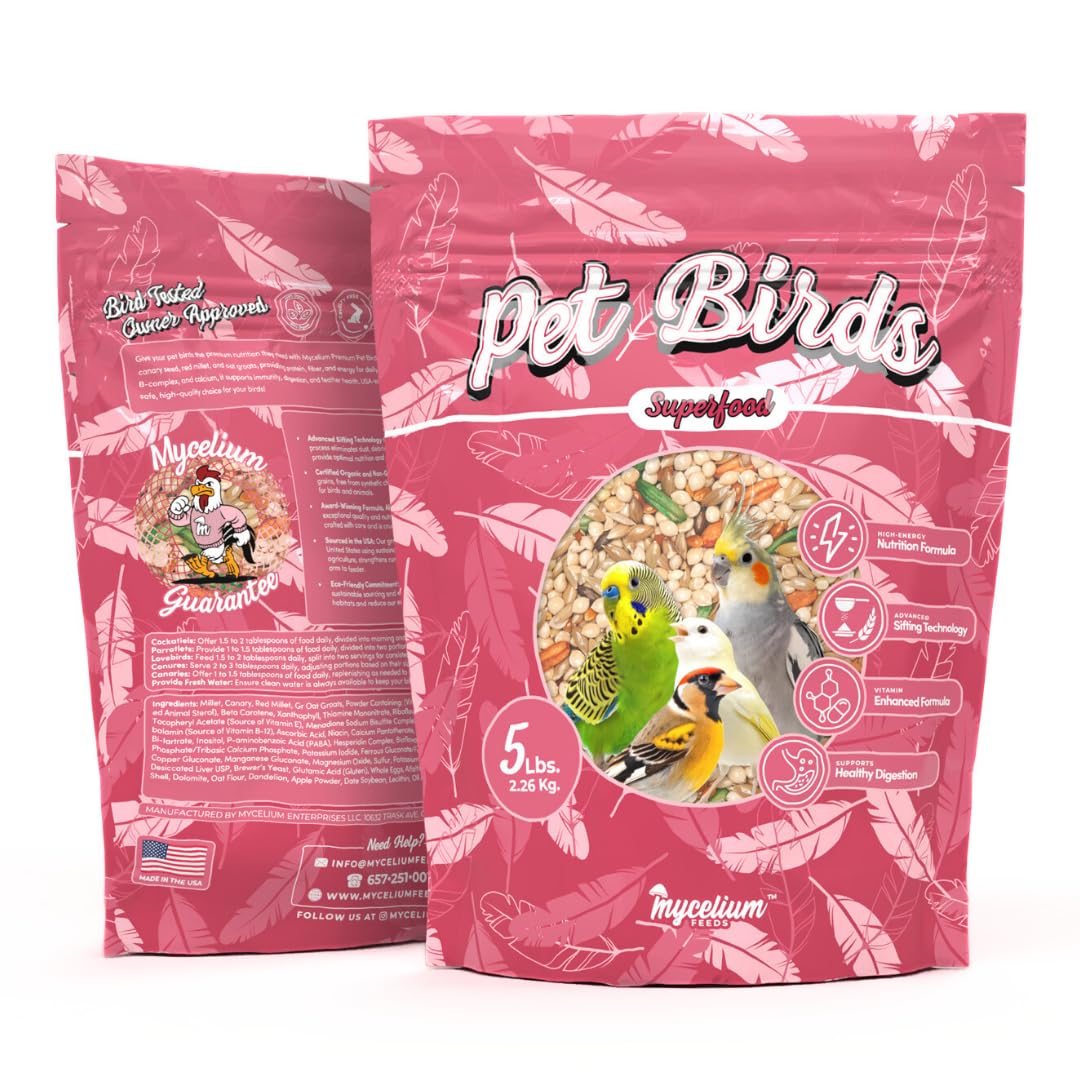 Mycelium Organic Pet Bird Superfood (5 LB Bag) | Vitamin-Enriched Bird Food for Parakeets, Finches, Canaries & Lovebirds | Daily Support for Energy, Digestion & Feather Health | Clean, USA-Grown Feed