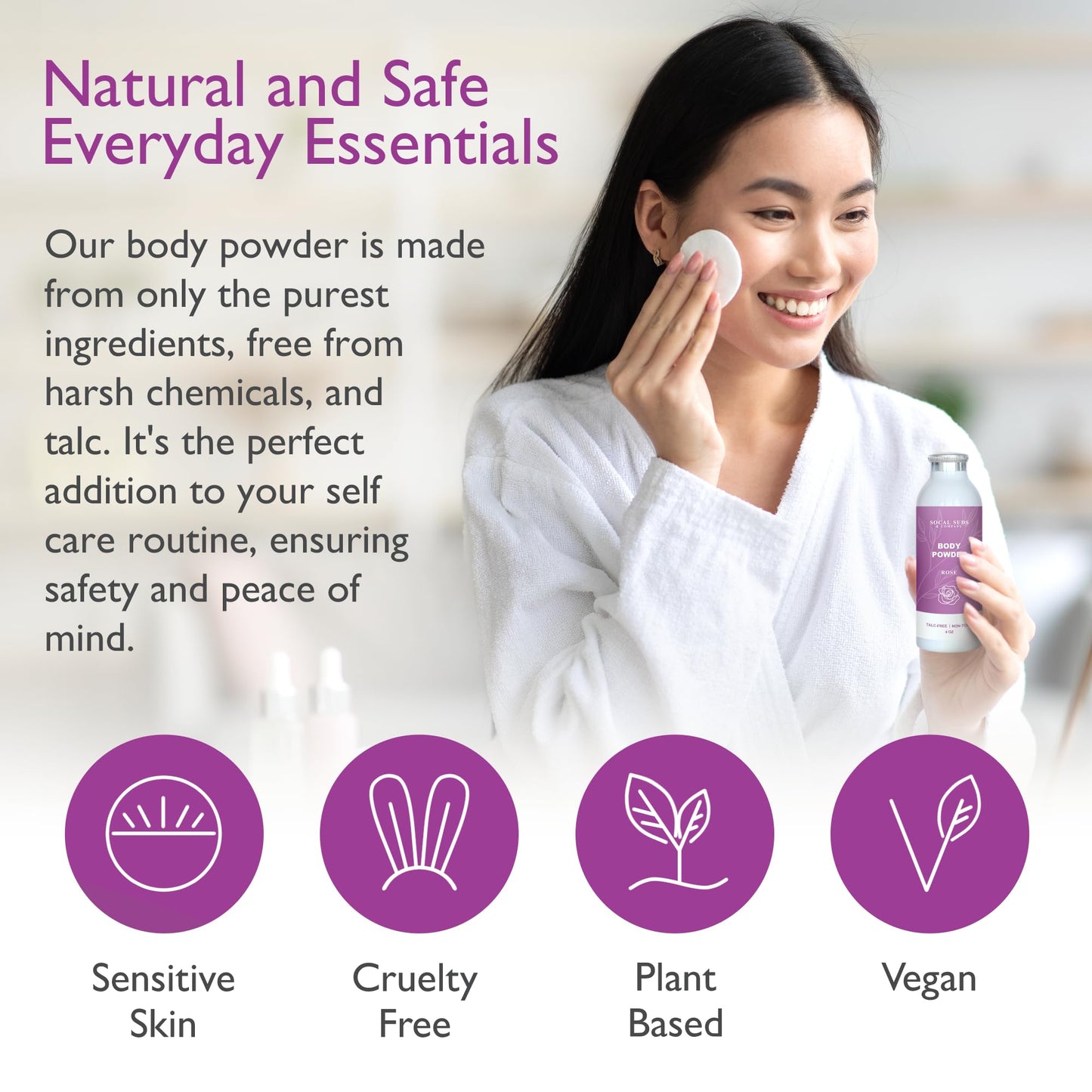 SoCal Suds & Company - Natural Body Powder Talc-Free with Arrowroot Powder, Kaolin, Aspen Bark Extract for Soft Soothing Delicate Skin - Rose 4oz, 1-Pack