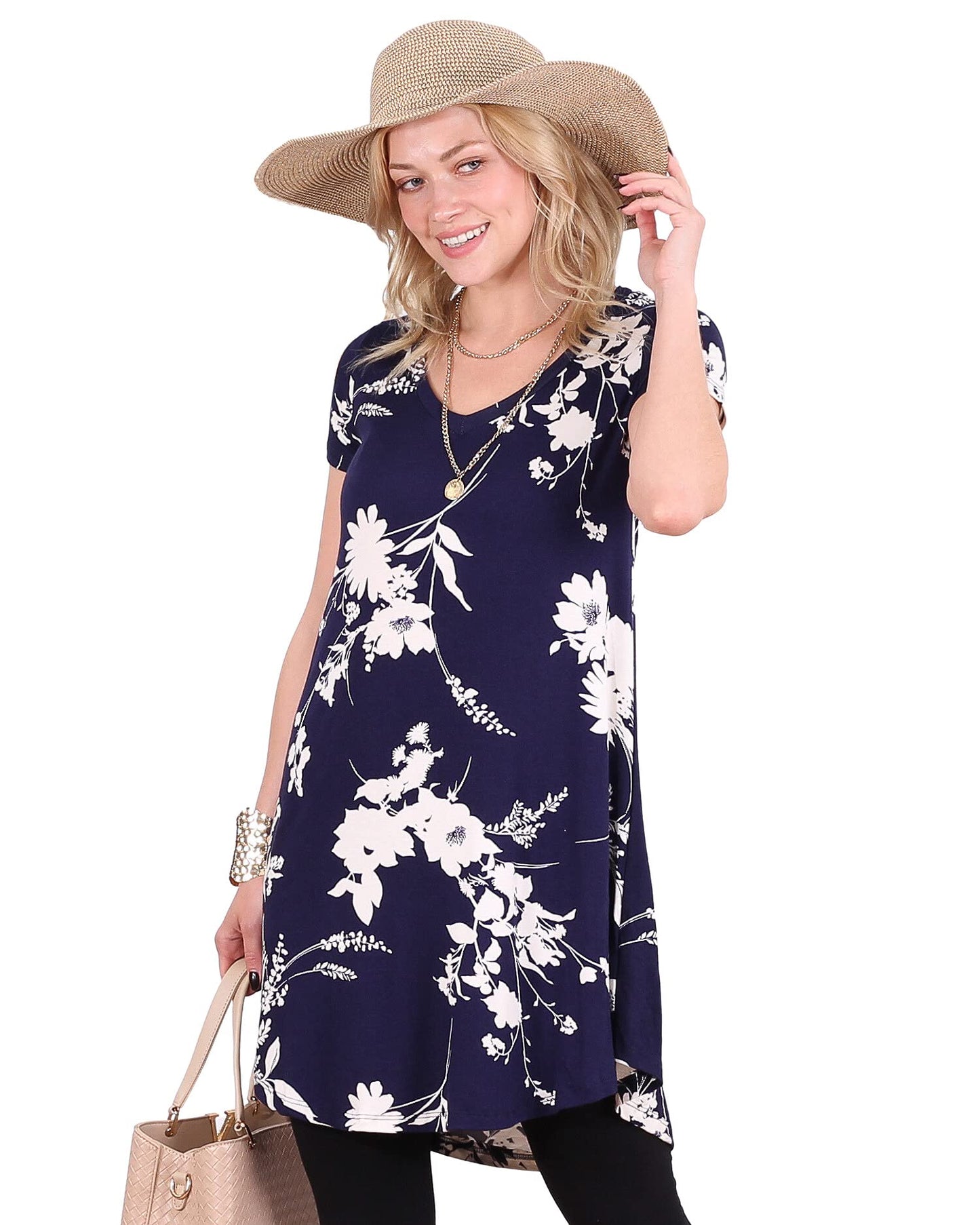Popana Womens Short Sleeve Summer Tunic Tops to Wear with Leggings Loose Fit Made in USA Floral