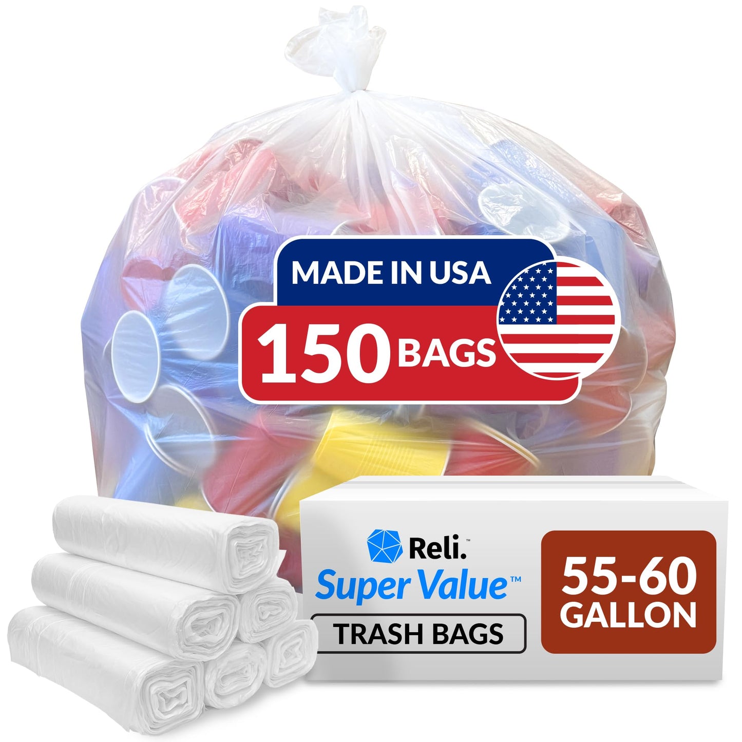 Reli. SuperValue Trash Bags (150 Count Bulk), Made in USA - Clear Heavy Duty 55 Gallon - 60 Gallon Garbage Bag