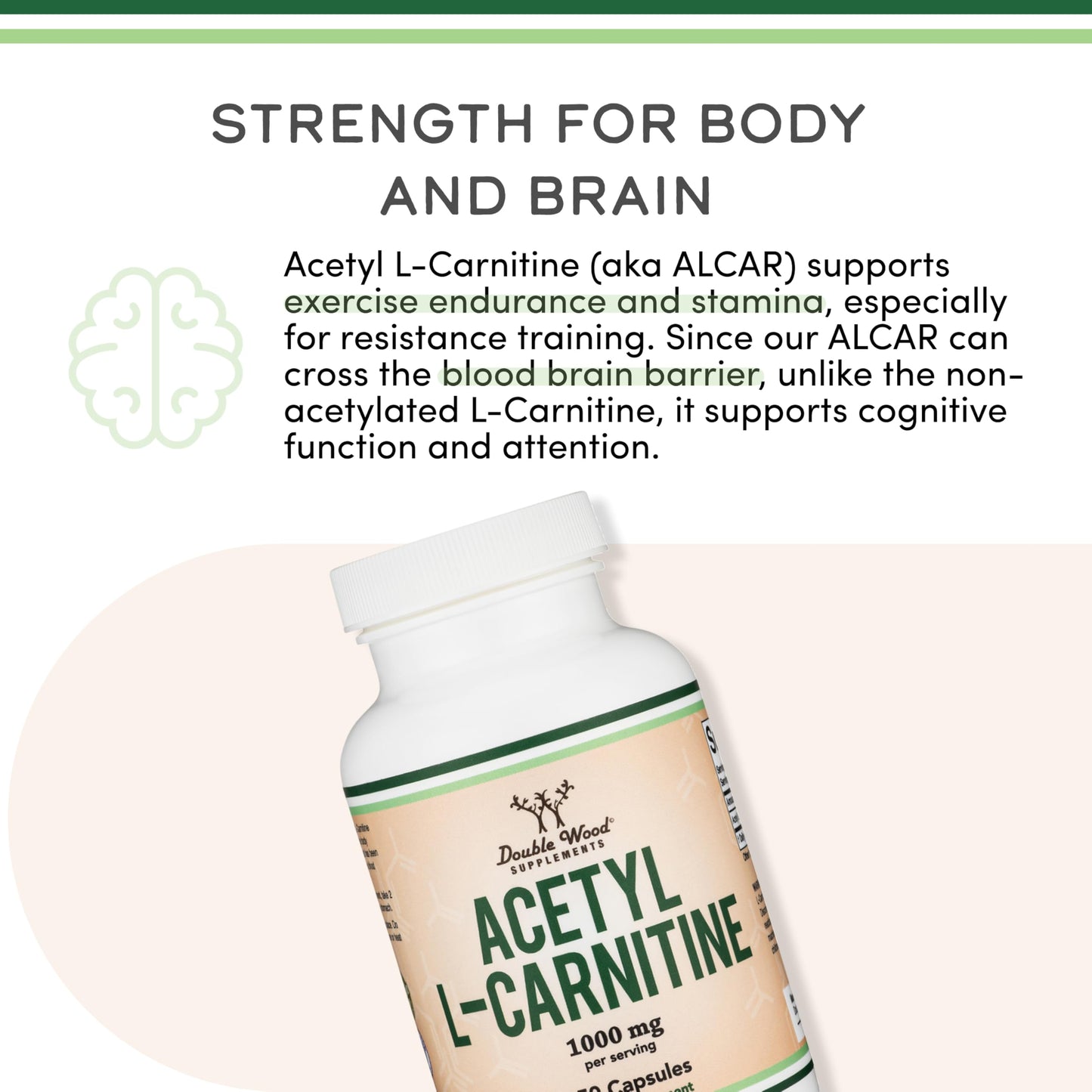 Acetyl L-Carnitine 1,000mg Per Serving, 150 Capsules (ALCAR for Brain Function Support, Memory, Attention, and Stamina) Acetyl L Carnitine That is Third Party Tested by Double Wood