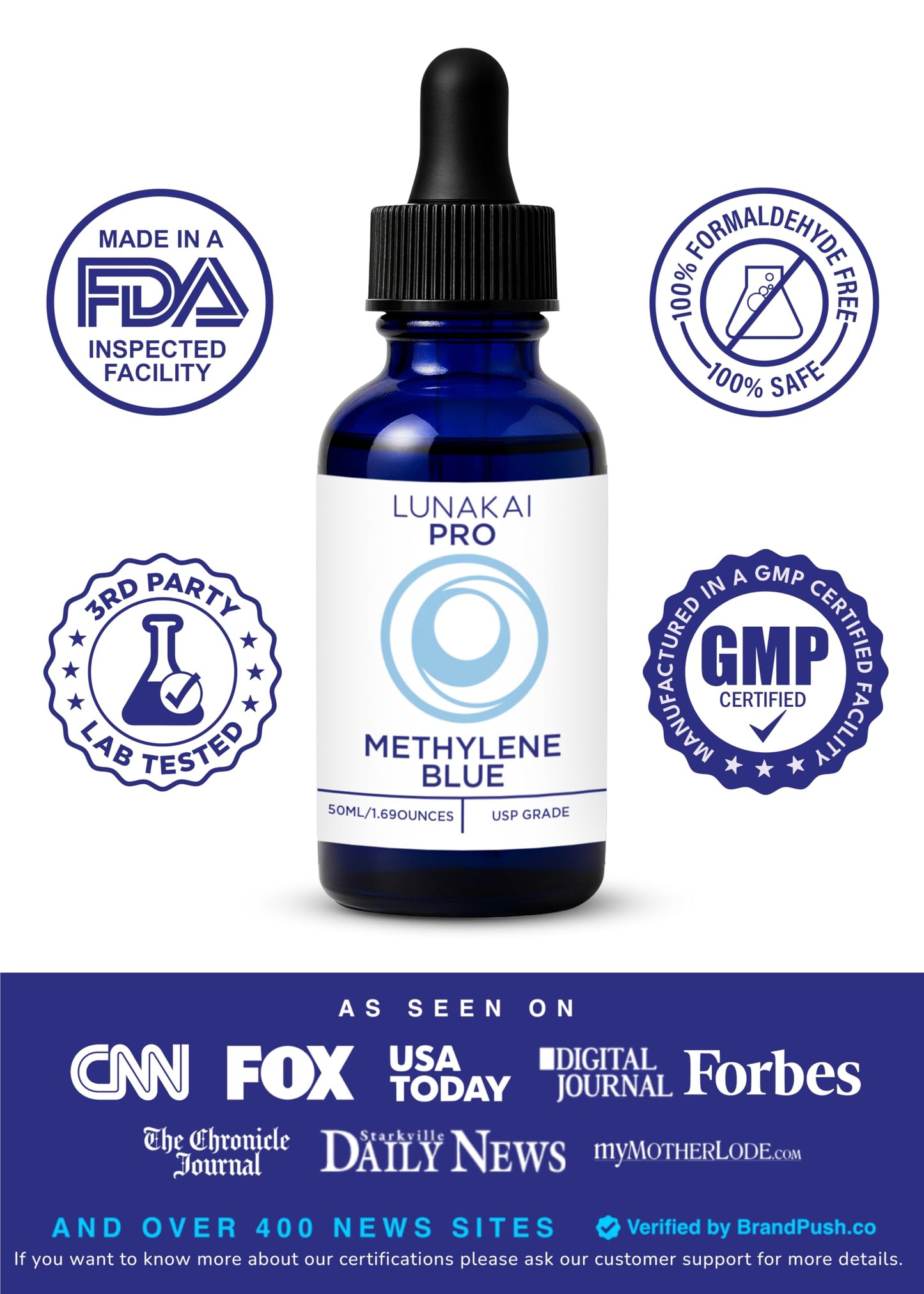 Lunakai PRO USA Made Methylene Blue Pharmaceutical Grade – 99.99% Pure USP Grade 1% Methylene Blue Drops for Humans – Cognitive & Focus Support Supplement