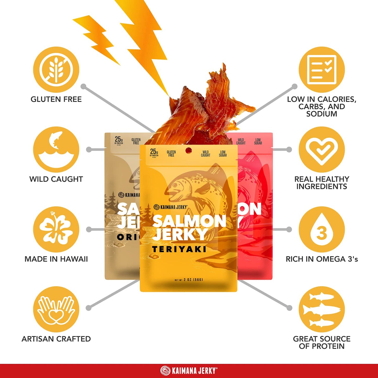 Kaimana Jerky Wild Caught Salmon Jerky - Organic Dried Fish Strips Rich in Omega-3, Protein - Low-Calorie Seafood Snack with No Gluten, Less Sodium & Sugar - Original, Teriyaki, Spicy Flavors - 3-Pack