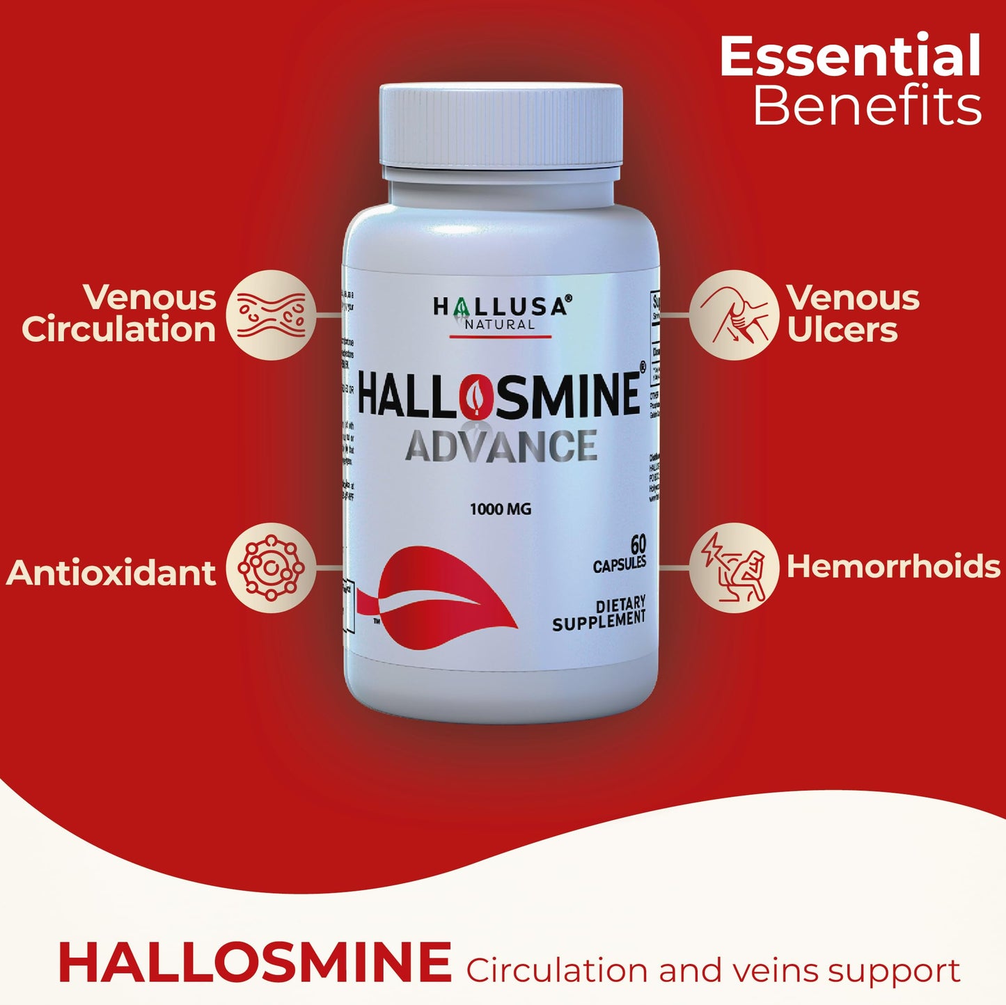 Hallosmine Advance Diosmin 1000mg, Leg Circulation, Heavy Legs, Varicose Veins, Circulatory Supplement, Vein Support & Blood Circulation Supplement - 60 Caps