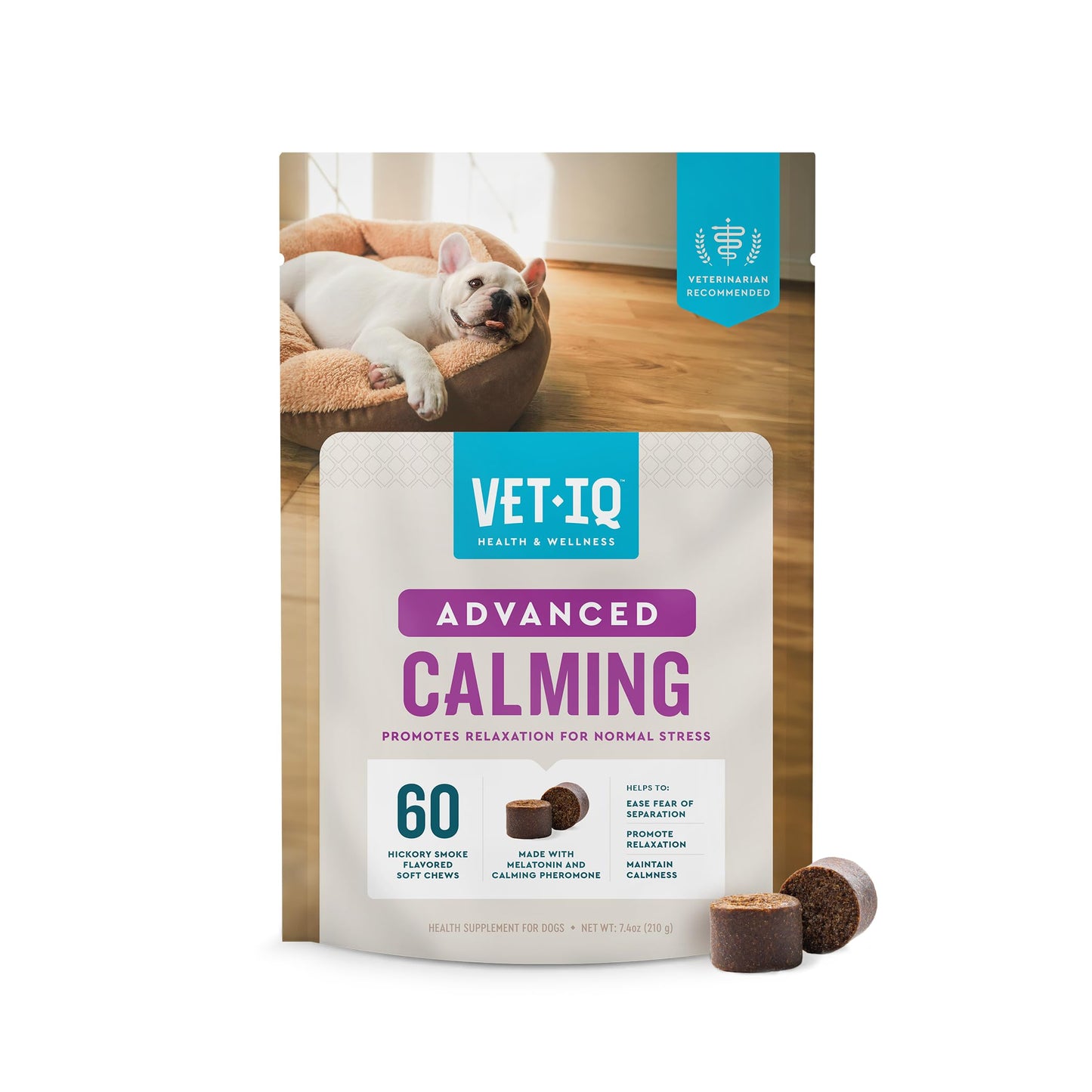 VetIQ Calming Support Supplement for Dogs, Calming Chews Help Manage Stress and Promote Relaxation, Anxiety Relief for Dogs, Made in The USA, 60 Count