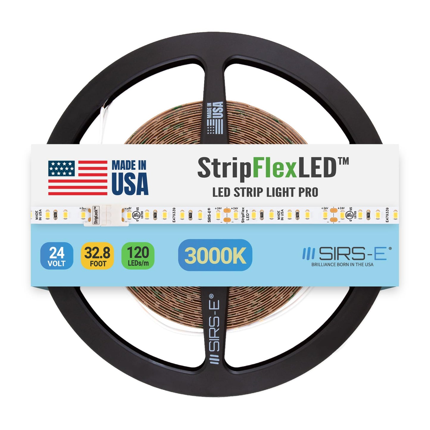 SIRS-E White LED Strip Lights, StripFlexLED Professional Grade Flexible Tape, 24V 120 LEDs/m for Versatile Lighting, Made in USA, UL Listed Soft White 3000K 32.8 ft. 10m