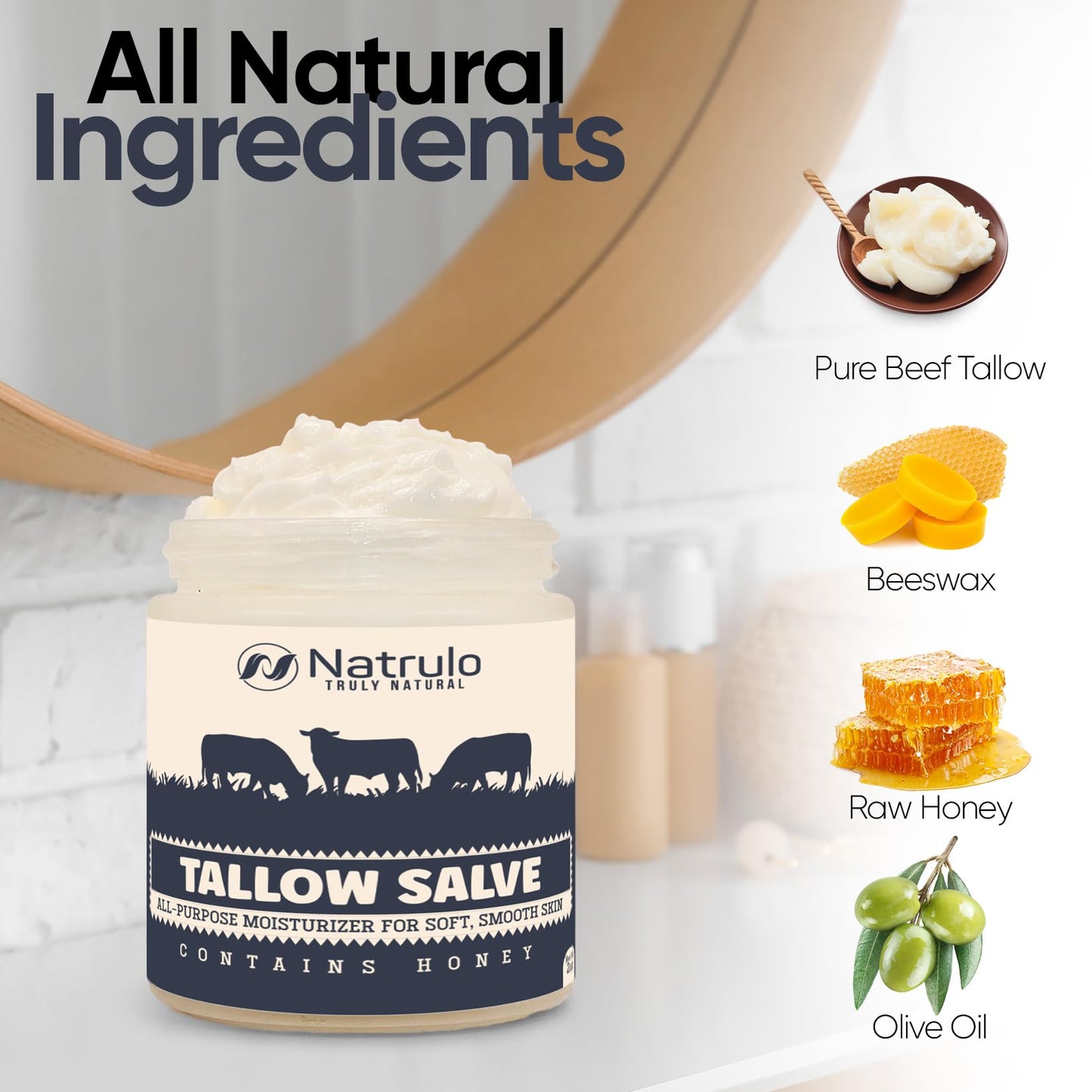 Beef Tallow Salve – All Natural Grass Fed Beef Tallow & Honey All Purpose Balm – Moisturizing Body Salve Great for Eczema, Cracked, Dry, Itchy, Irritated Skin – Skin Repair Skincare Made in USA