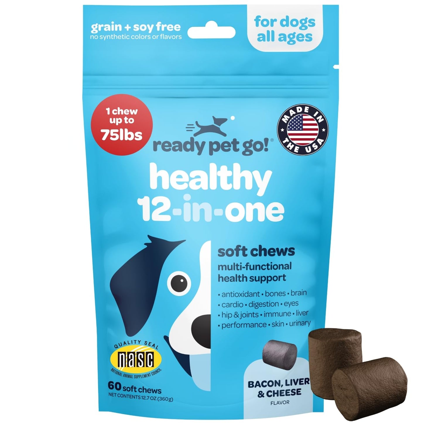 12-in-1 Complete Multivitamin for Dogs | Dog Multivitamin Chewable with Glucosamine Chondroitin & Digestive Probiotics for Dogs of All Ages and Sizes | NASC Certified & Made in The USA | 60 Chews