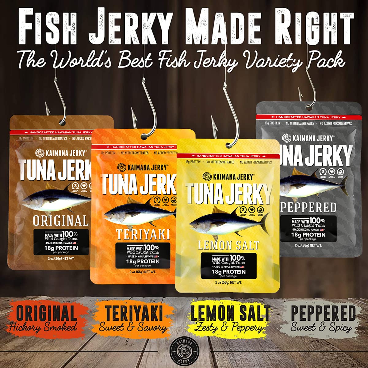 Kaimana Ahi Tuna Fish Jerky - Premium Protein & Rich In Omega-3's - All Natural & Wild Caught Tuna Jerky. Made in Hawaii, USA. (4 Pack, Variety Bundle)