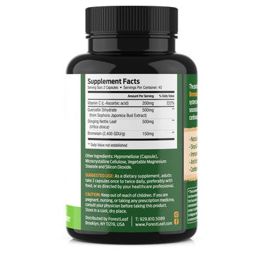 ForestLeaf Quercetin with Bromelain 1350mg - Blend with Vitamin C & Stinging Nettle Supplement, Quercetin 500mg Capsules, Non-GMO Gluten Free, Natural Immune & Respiratory Function, 90 Veggie Caps