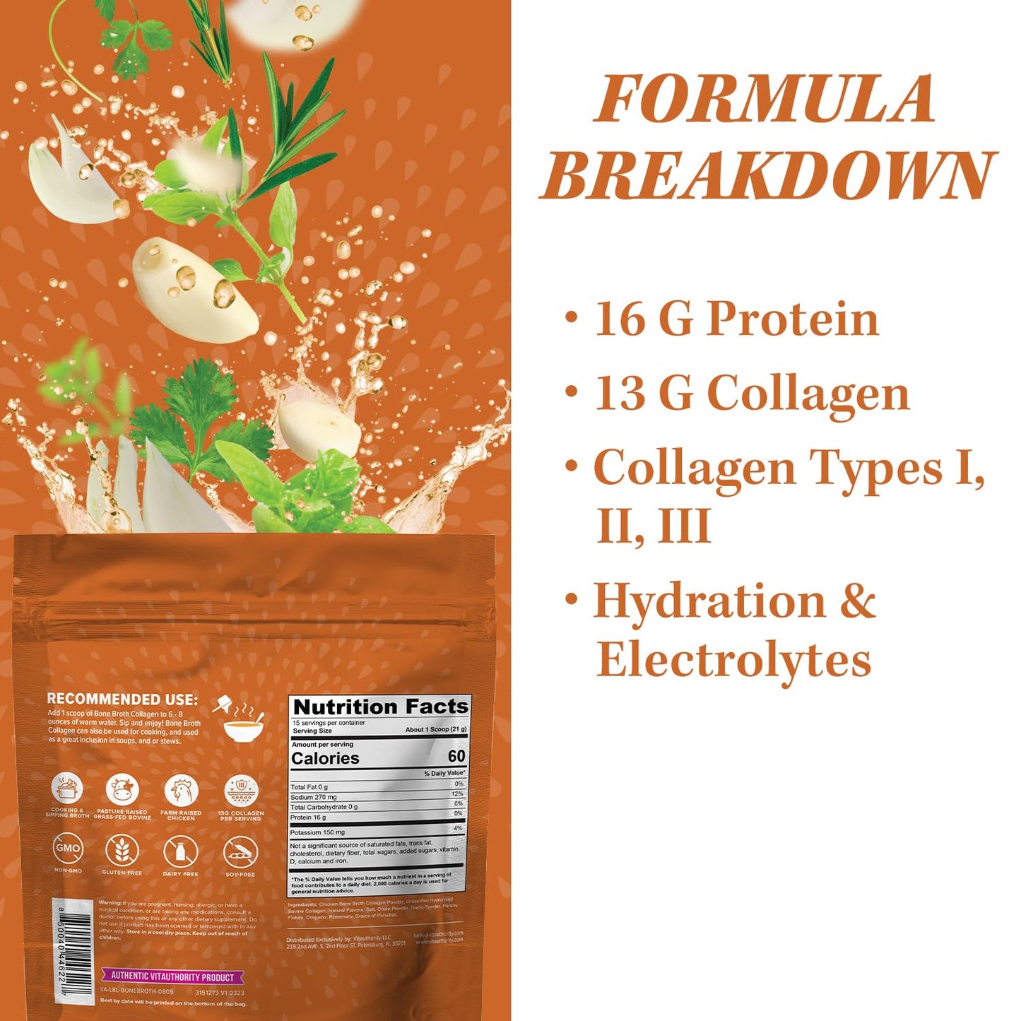 Vitauthority Bone Broth Collagen Delicious Chicken Noodle Flavored - Packed with 16g of Protein & Types I, II, III - Nourishes Skin, Hair, Nails, Joints, & Gut - Beef BoneBroth