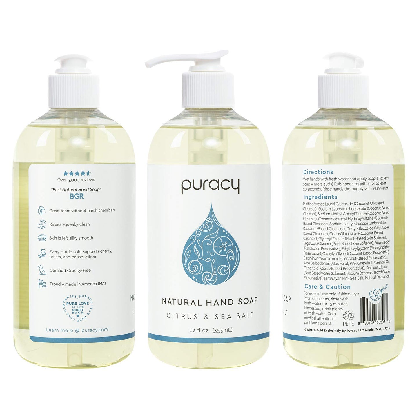 Puracy Organic Hand Soap, For the Professional Hand Washers We’ve All Become, Moisturizing Natural Hand Soap, Liquid Hand Soap for Soft Skin - Hand Wash/Liquid Soap (Sea Salt & Citrus - 4pk 355ml)