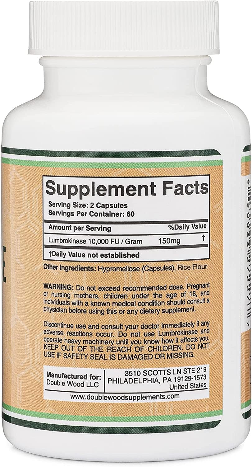 Lumbrokinase Enzymes Supplement - 120 Capsules (Max Activity 10,000 FU/Gram) 150mg per Serving (No Fillers, Non-GMO, Gluten Free) for Cardiovascular and Blood Circulation Support by Double Wood