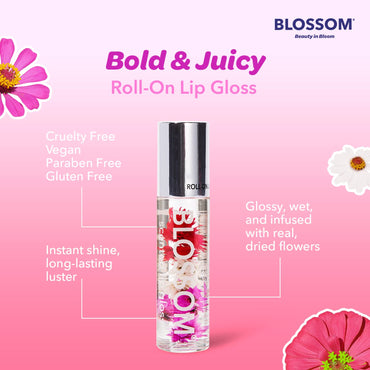 Blossom Roll on Lip Gloss, Scented Clear High Shine Moisturizing Lip Oil, Non Sticky, Infused with Real Flowers, Made in USA, 0.2oz, Strawberry/Banana