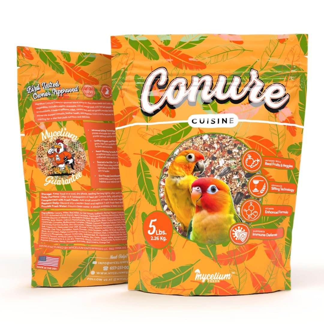 Mycelium Organic Conure Cuisine (5 LB Bag) | Fruit & Veggie Bird Seed w/Added Vitamins | Balanced Daily Nutrition for Immunity & Feather Health | Non-GMO, No Fillers or Additives, Made in USA