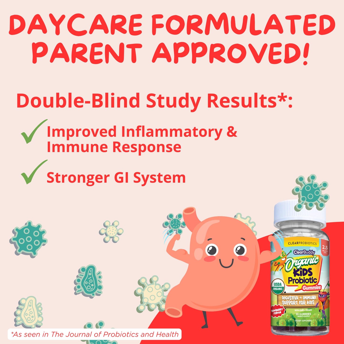 Kids Probiotics Gummies – Daycare Formulated Immunity Gummies - Immune System Boost & Improved Regularity - Plant-based Organic, 2.5 Billion CFU - DE111 Bacillus Subtilis - Strawberry – 1 Month Supply