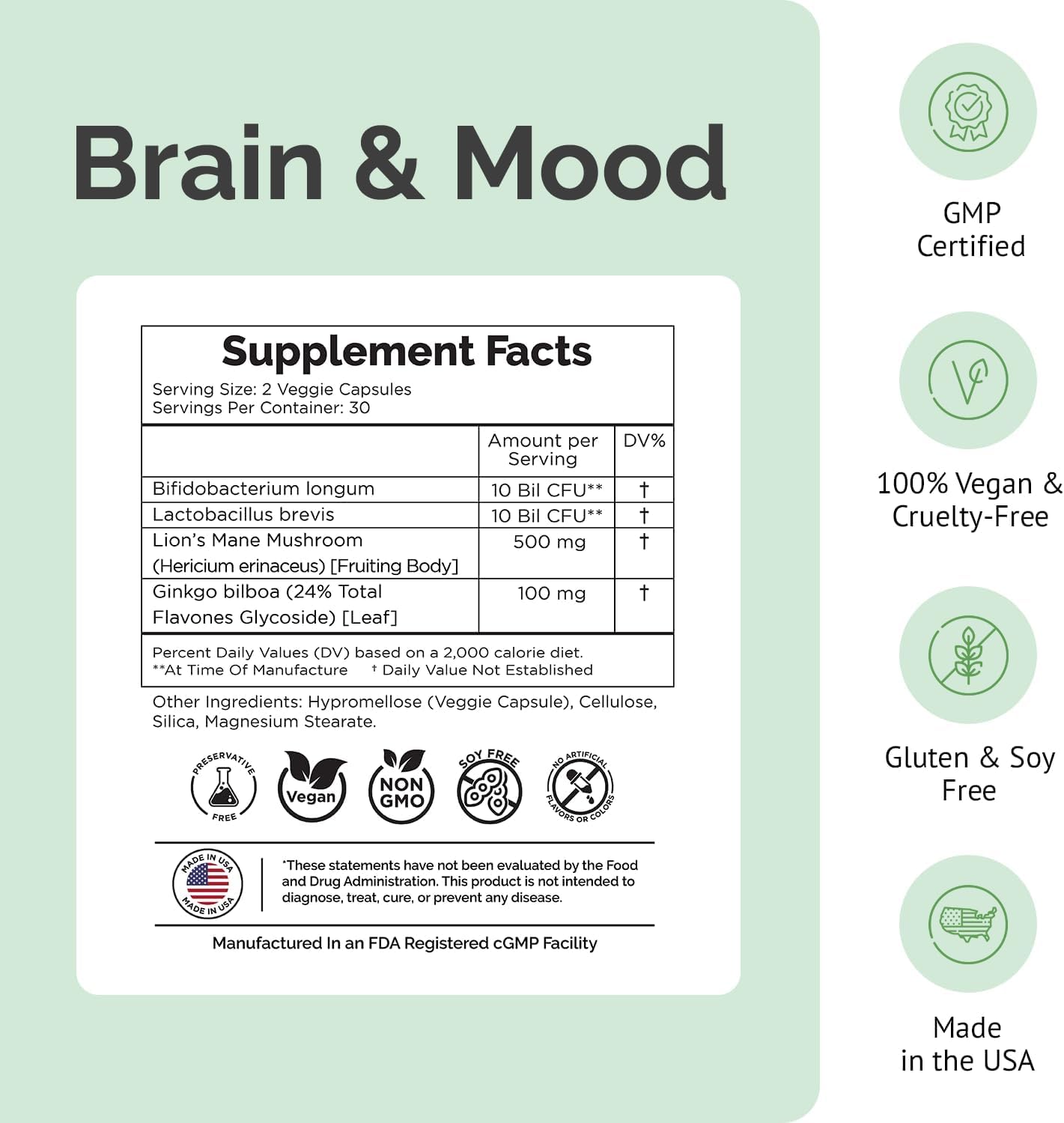 Brain Supplement for Memory, Brain Fog, Focus, Mood & Concentration & Cognitive Function - Lion’s Mane Supercharged with Ginkgo Biloba & Two Probiotic Strains (60 Count - 1 Month Supply)