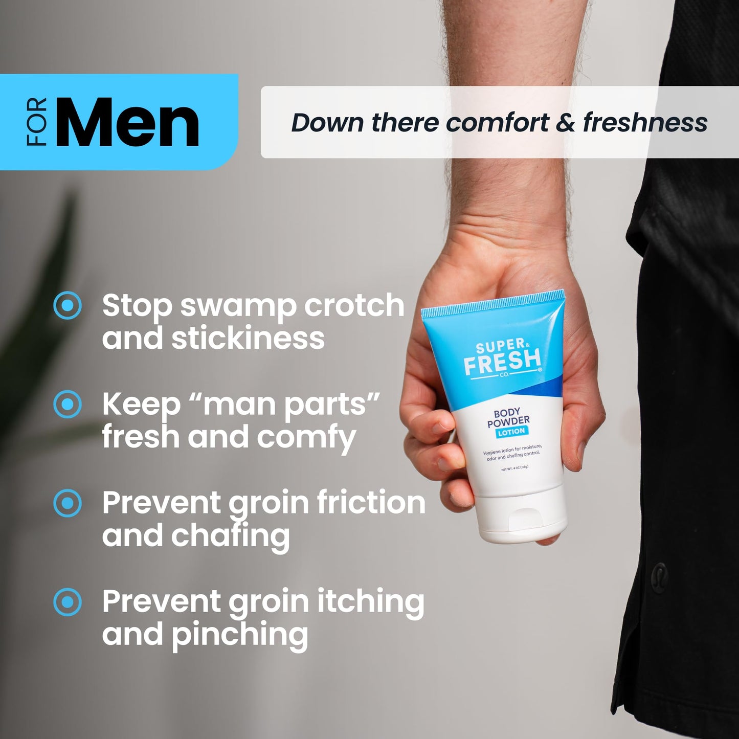 SweatBlock Super Fresh Body Powder Lotion Talc Free, Anti-Chafing, Deodorizing, Natural Ingredients - No Mess Body Powder Lotion for Men and Women - 4 fl oz.