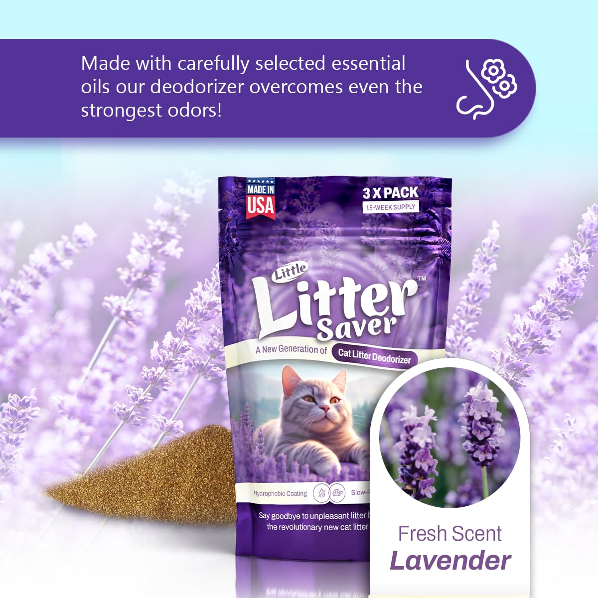 LITTLE SAVER Little Litter Saver | a New Generation Of Cat Litter Box Deodorizer | Unique Slow Release Formula | Natural Fresh Scent | Up to 15 Weeks Supply | 3 x 0.5oz bags (Lavender)