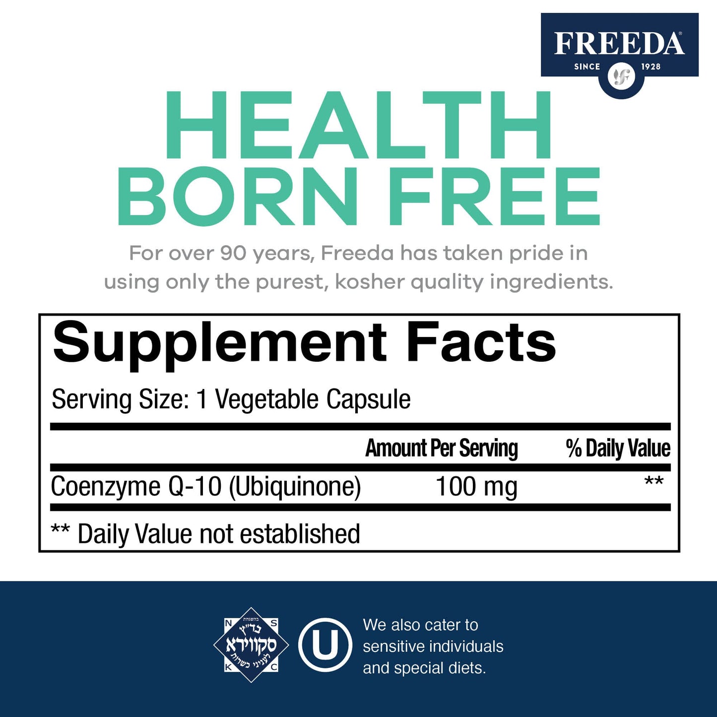 FREEDA CoQ10 100mg - Kosher Coenzyme Q10 Dietary Supplement for Cardiovascular Heart Health, Blood Pressure Support, Oral Gum Health, and Healthy Aging - Pure CoQ10 Capsules, 100 Count
