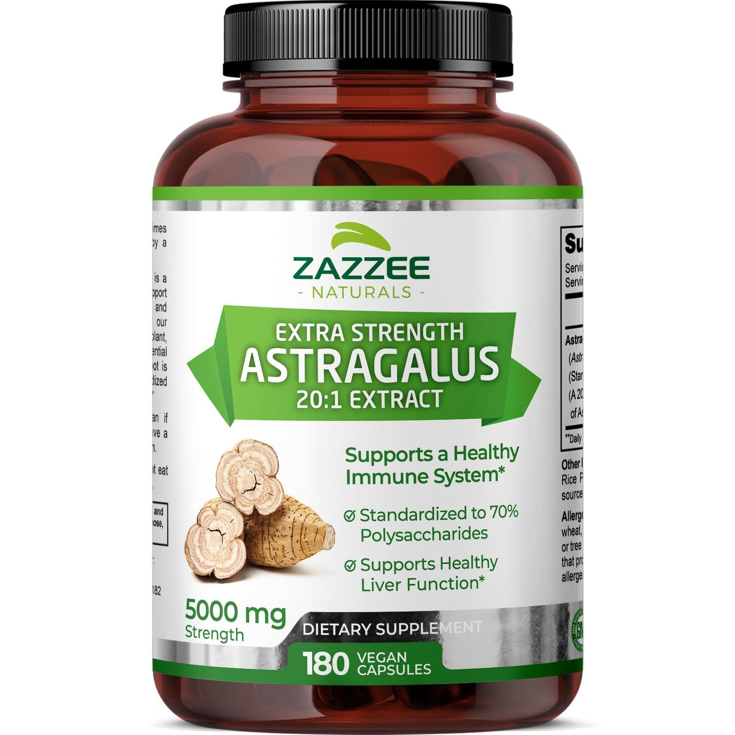 Zazzee Extra Strength Astragalus Root 20:1 Extract, 5000 mg Strength, 70% Polysaccharides, 180 Vegan Capsules, 6 Month Supply, 100% Vegetarian, Standardized and Concentrated 20X Extract, Non-GMO