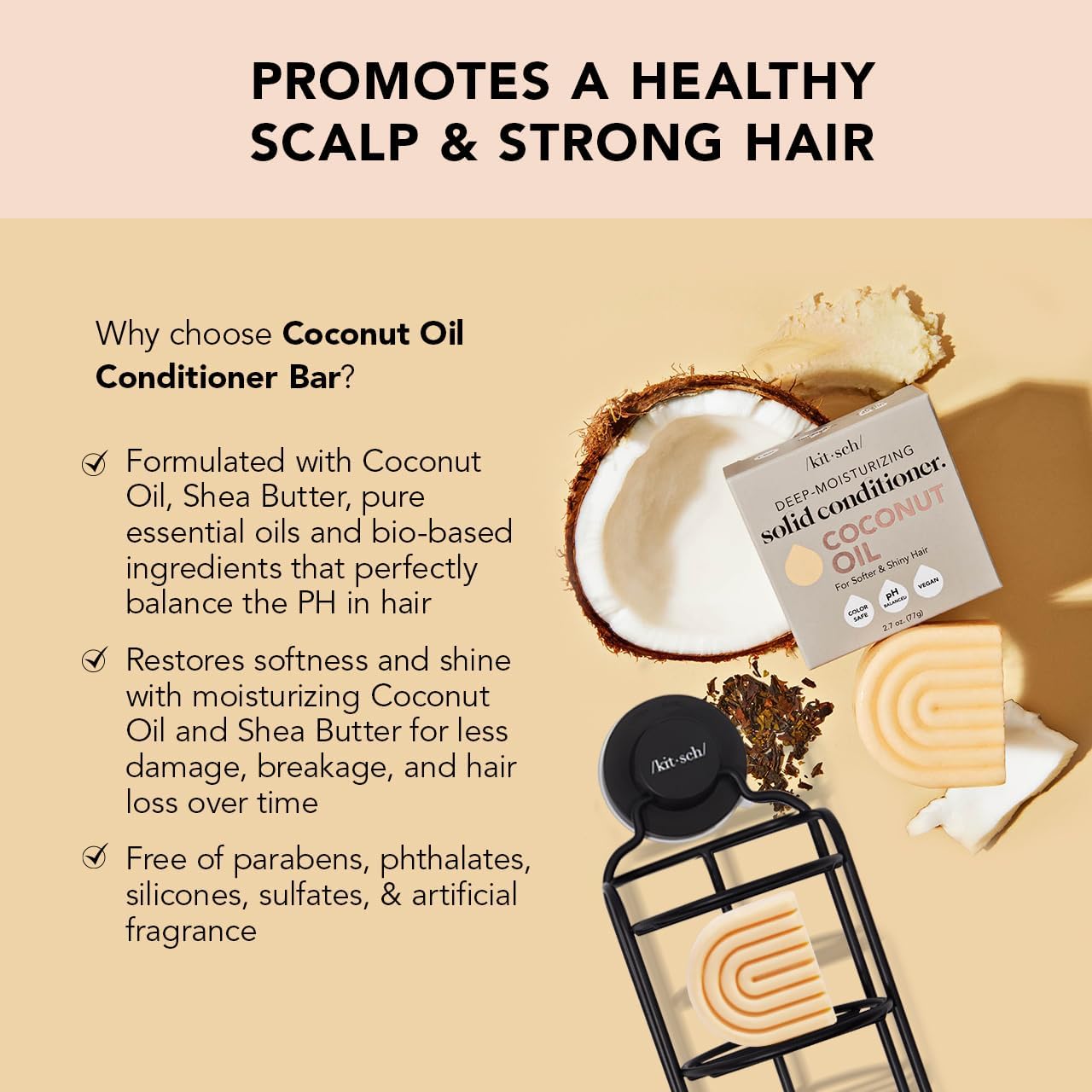 Kitsch Castor Oil Shampoo Bar & Coconut Oil Conditioner Bar – Nourishing Shampoo and Conditioner Set for Dry, Damaged Hair – Strengthening Hair Care, Hydrating & Deep-Moisturizing - 2pc set