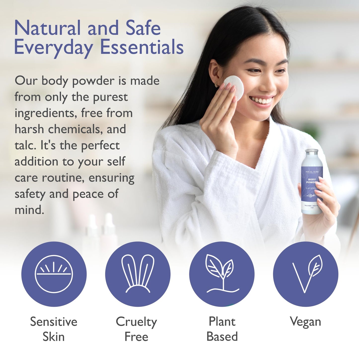 SoCal Suds & Company - Natural Body Powder Talc-Free with Arrowroot Powder, Kaolin, Aspen Bark Extract for Soft Soothing Delicate Skin - Lavender 4oz, 1-Pack