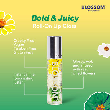 Blossom Roll on Lip Gloss, Scented Clear High Shine Moisturizing Lip Oil, Non Sticky, Infused with Real Flowers, Made in USA, 0.2oz, Pineapple